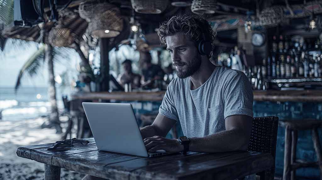 Affiliate working from a beach